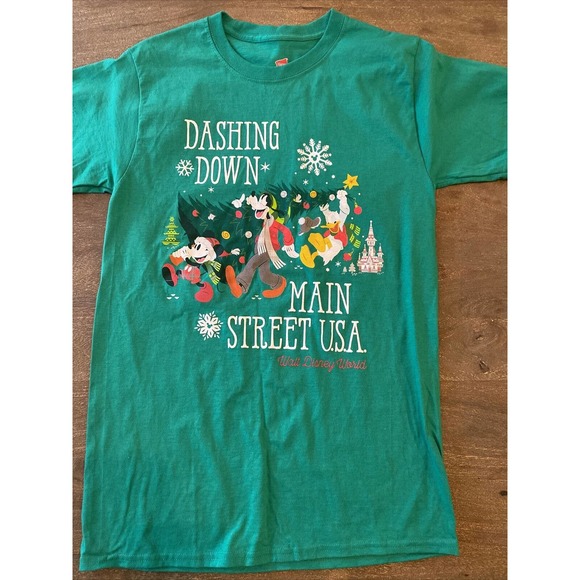 DISNEY Parks Authentic Dashing Down Main Street USA Christmas T Shirt Size S - Picture 1 of 4